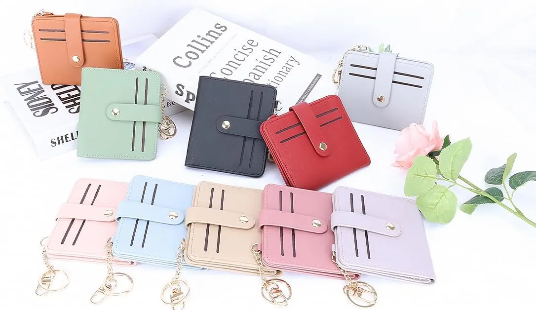 Small Wallets Woman RFID Blocking Leather Credit Card Holder - with ID Window - Card Wallets for Women - with Zipper Coin Purse - Keychain Wallet