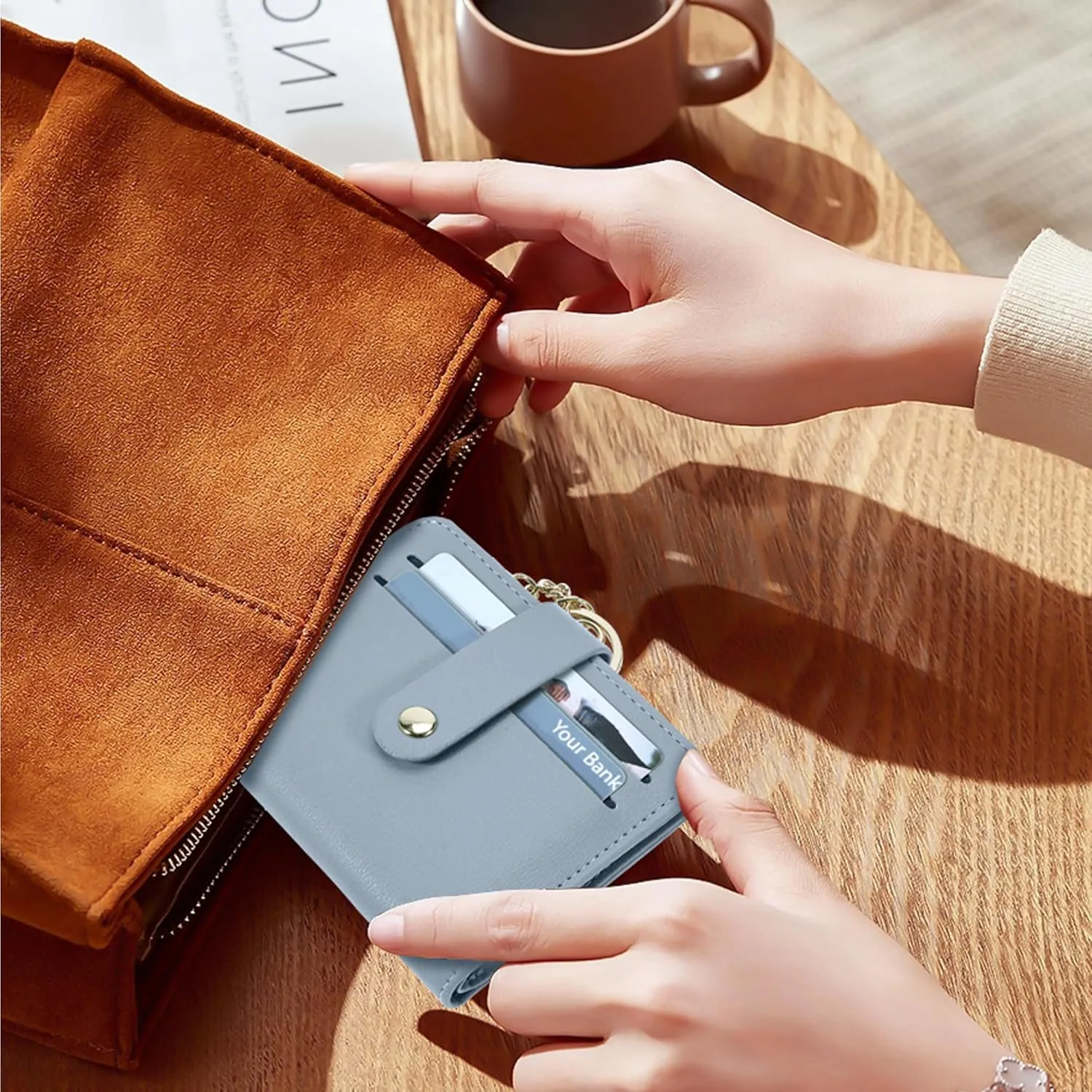 Small Wallets Woman RFID Blocking Leather Credit Card Holder - with ID Window - Card Wallets for Women - with Zipper Coin Purse - Keychain Wallet