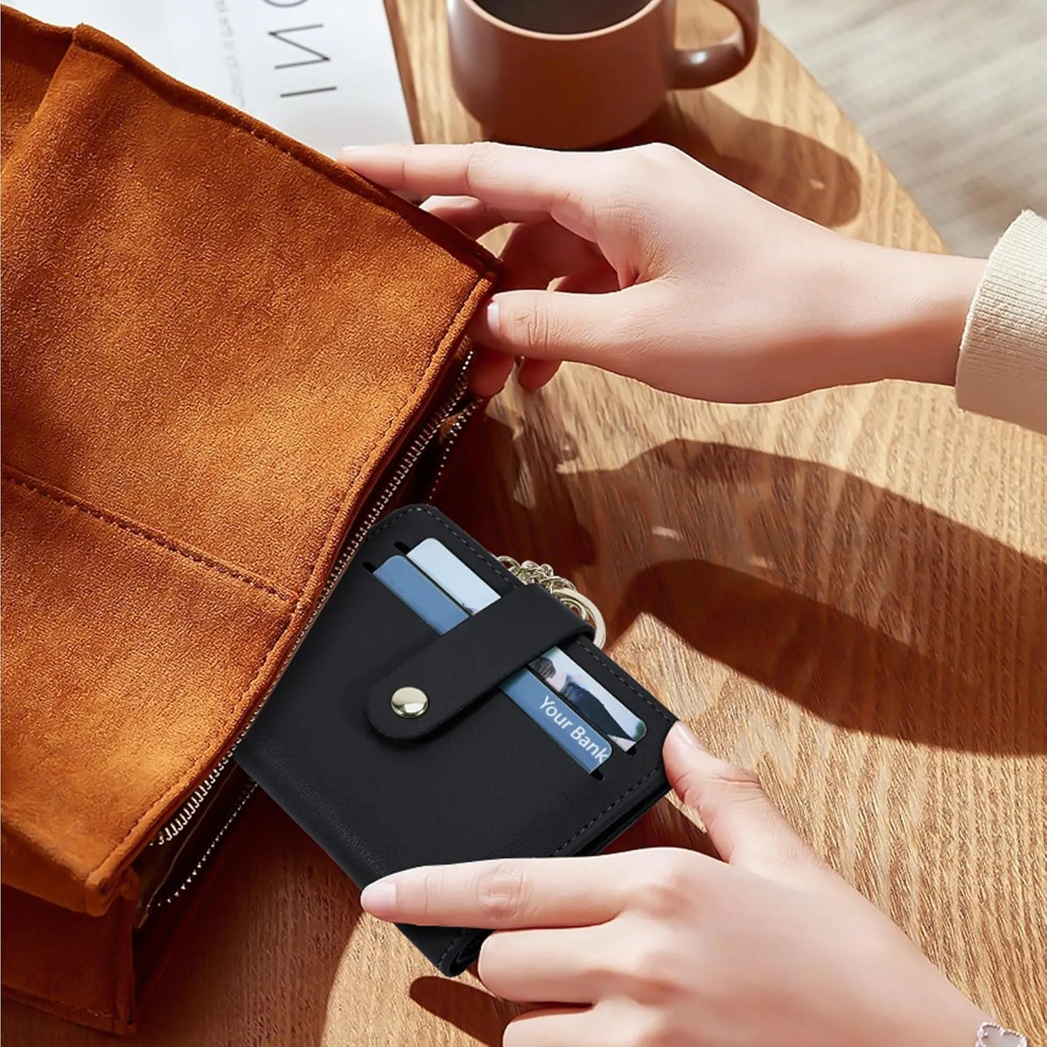 Small Wallets Woman RFID Blocking Leather Credit Card Holder - with ID Window - Card Wallets for Women - with Zipper Coin Purse - Keychain Wallet