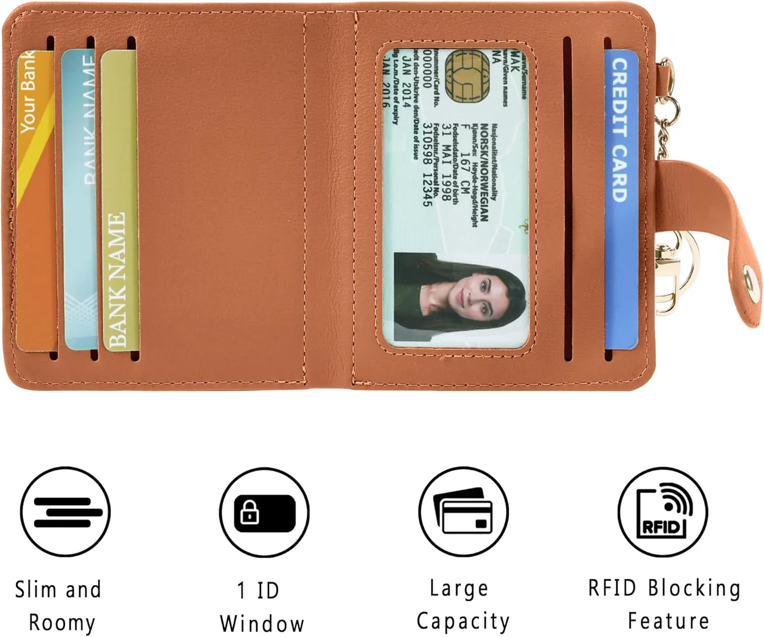 Small Wallets Woman RFID Blocking Leather Credit Card Holder - with ID Window - Card Wallets for Women - with Zipper Coin Purse - Keychain Wallet