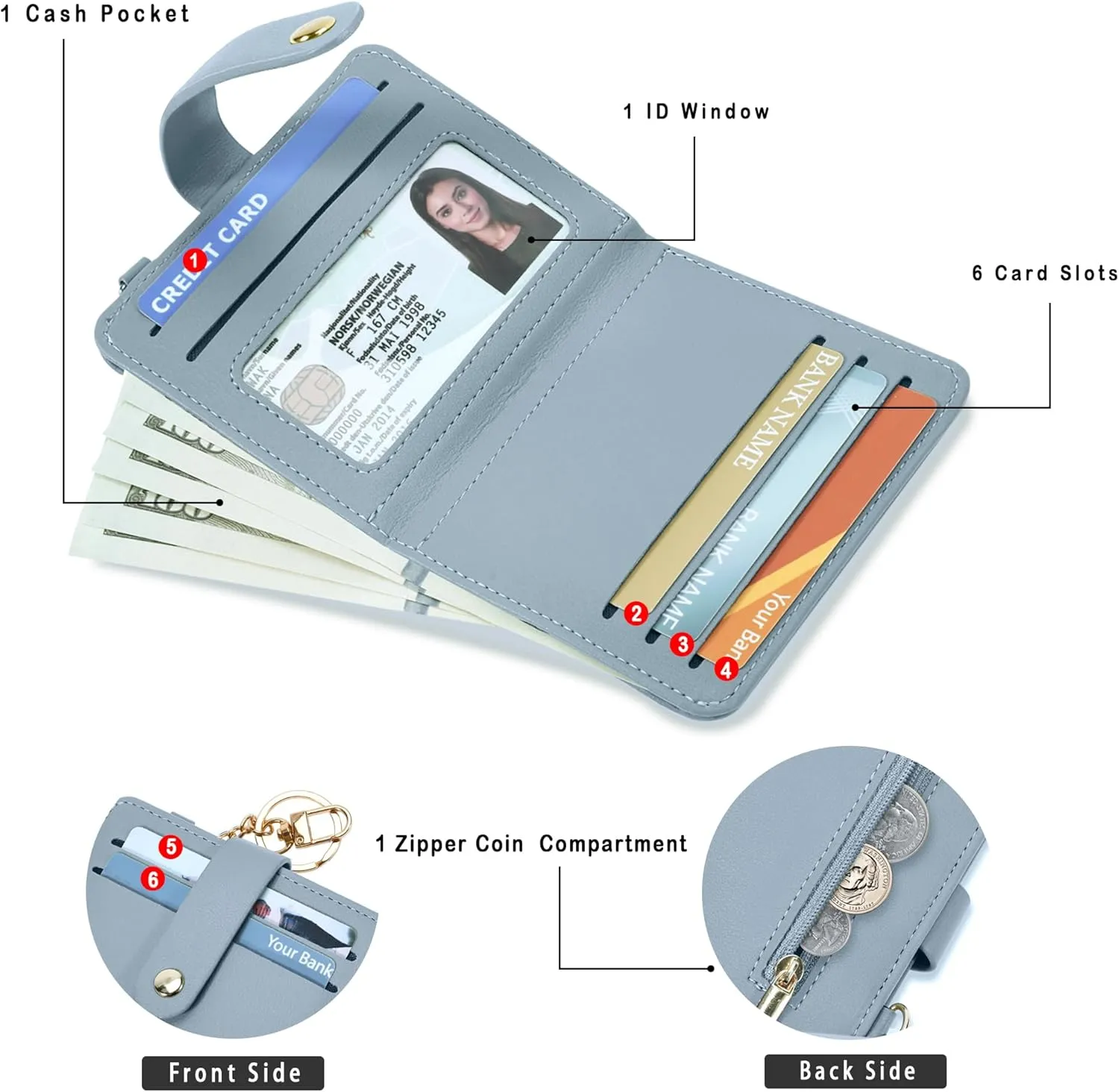 Small Wallets Woman RFID Blocking Leather Credit Card Holder - with ID Window - Card Wallets for Women - with Zipper Coin Purse - Keychain Wallet