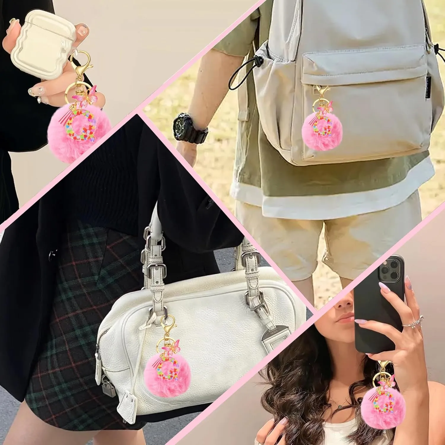 SMUOBT Resin Alphabet Initial Letter Keychain Keyring for Women,Backpack Keychain for Girls with Fur Ball Pom Pom Keychain