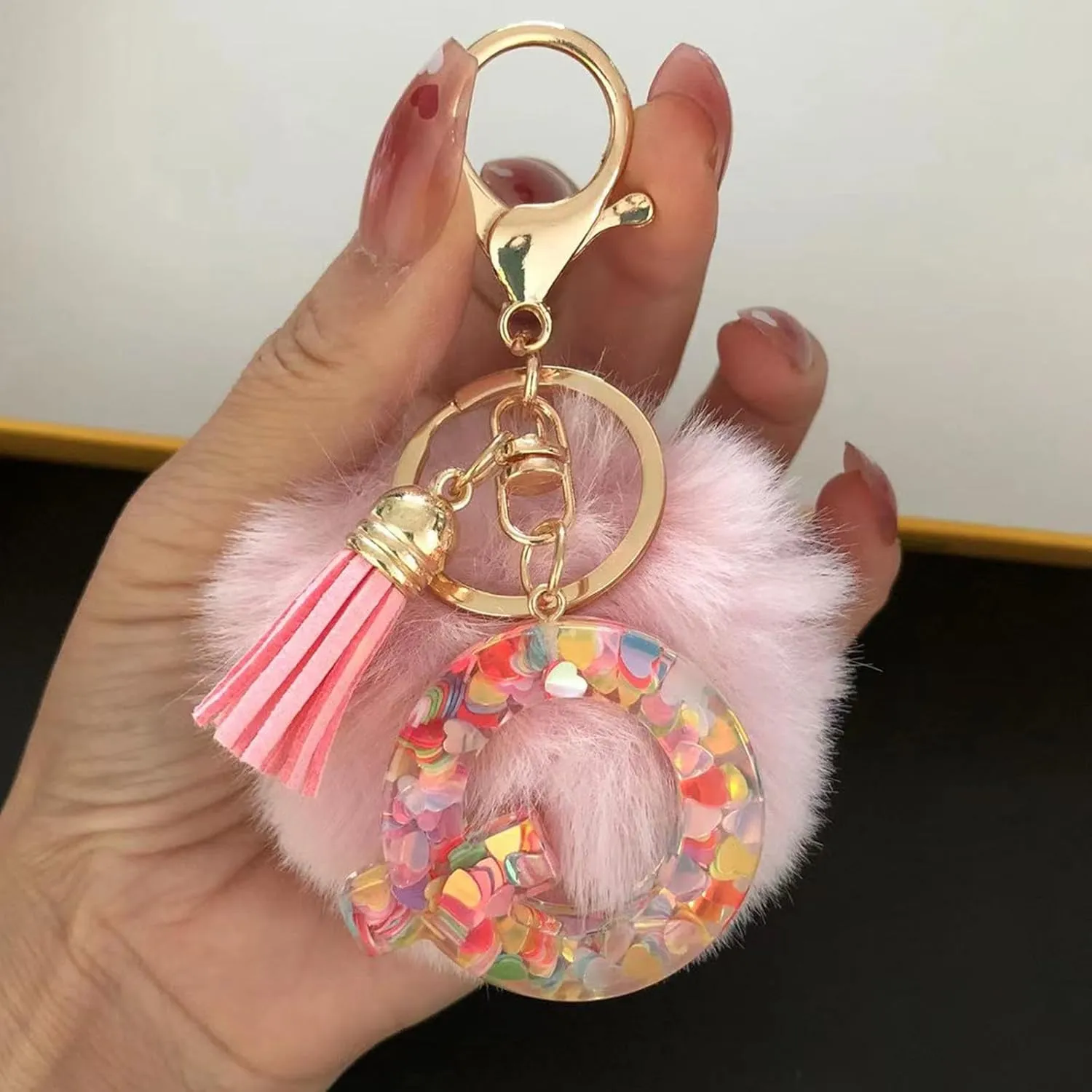SMUOBT Resin Alphabet Initial Letter Keychain Keyring for Women,Backpack Keychain for Girls with Fur Ball Pom Pom Keychain