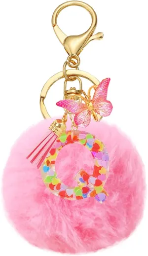 SMUOBT Resin Alphabet Initial Letter Keychain Keyring for Women,Backpack Keychain for Girls with Fur Ball Pom Pom Keychain