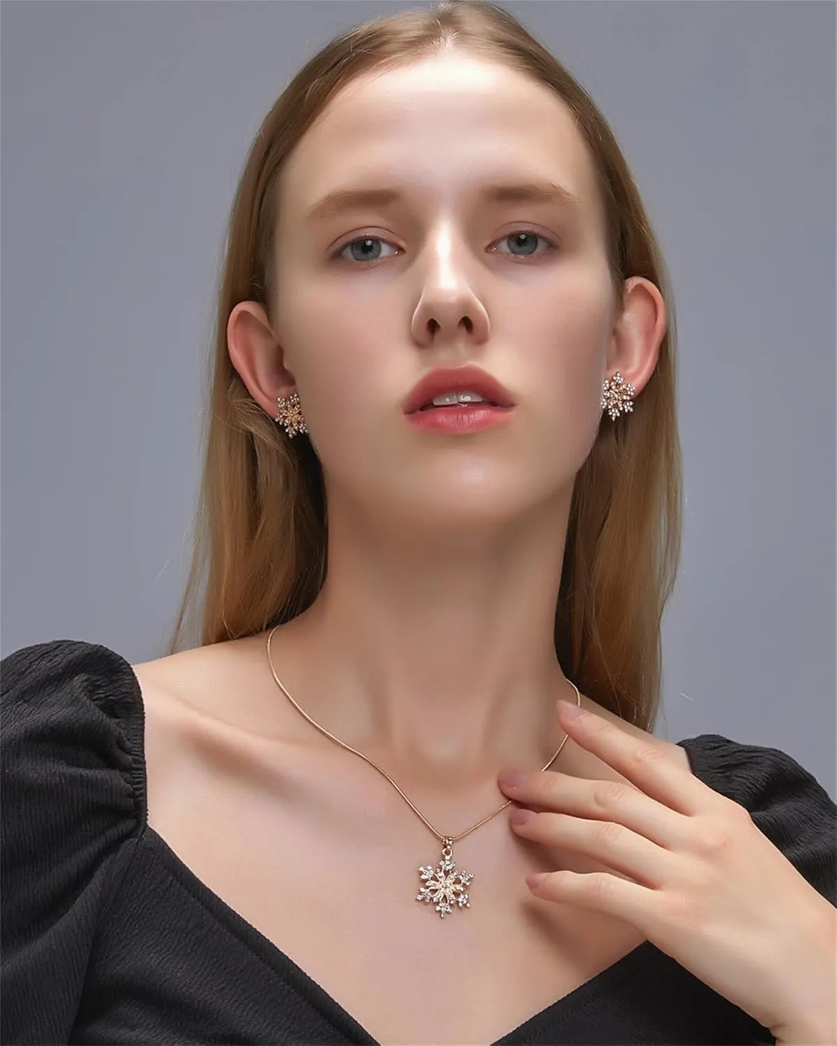 Snowflake Earrings Necklace Set for Women Teens Trendy Dainty Gold Silver Winter Crystal Snowflake Flower Christmas Necklace Jewelry Luncky Romantic Christmas Holiday Gift
