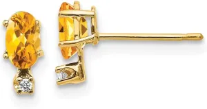 Solid Real 14k Yellow Gold Diamond and Citrine Yellow November Gemstone Birthstone Studs Earrings - 7mm x 3mm (.016 cttw.)