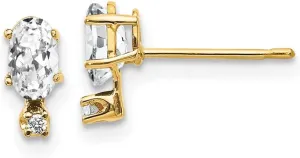 Solid Real 14k Yellow Gold Diamond and White Topaz Birthstone Studs Earrings - 7mm x 3mm (.016 cttw.)