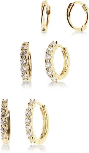 Sonateomber 3 Pairs Small Hoop Earrings for Women Multiple, Cute Gold Tiny Cubic Zirconia Huggie Sterling Silver Ears Cartilage Earrings Jewelry Gift