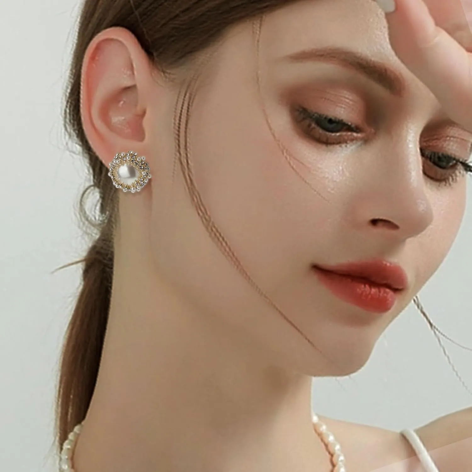 Sonateomber Pearl CZ Snowflake Knot Stud Earrings for Women, Statement Cluster Rhinestone Cubic Zirconia Pearls Sunshine Hypoallergenic Studs Prom Wedding Holiday Fashion Jewelry Gift