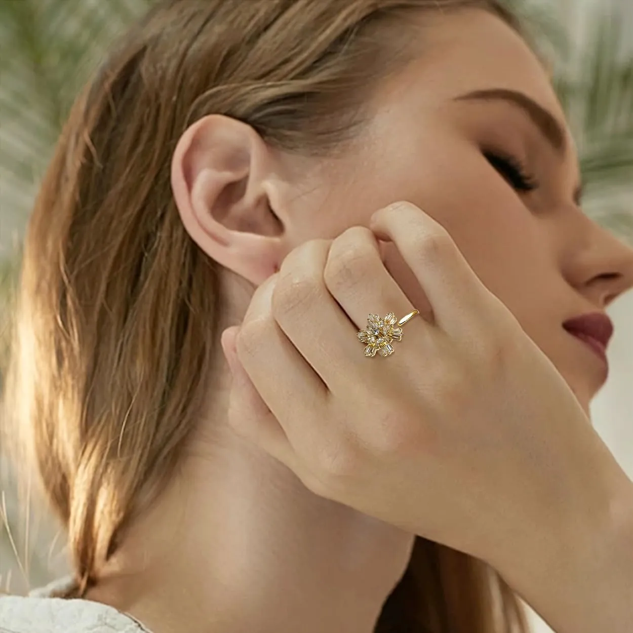 Sonateomber Spring Flower Adjustable Open Gold Ring for Women - Trendy Elegant Unique Cubic Zirconia Enamel Front Open Floral Leaf Easter Jewelry Gift