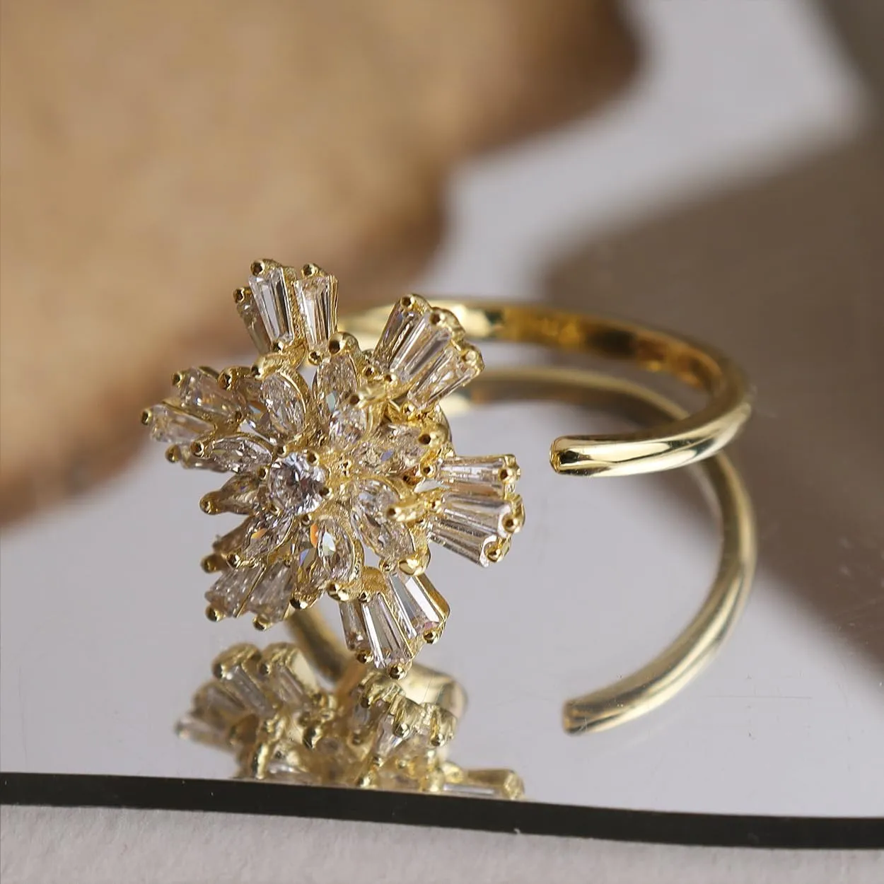 Sonateomber Spring Flower Adjustable Open Gold Ring for Women - Trendy Elegant Unique Cubic Zirconia Enamel Front Open Floral Leaf Easter Jewelry Gift