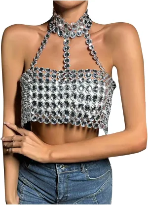 Sparkly Halter Bra Top Silver Rhinestone Chest Chains Nightclub Bikini Chain Body Jewelry Tops Women Party Clubwear