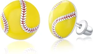 Sport Screwback Earrings for Women - 925 Sterling Silver Softball/Volleyball/Soccer/Basketball/Rugby Screw Stud Jewelry Gifts for Sport Fans Christmas Easter Thanksgiving Day (Softball Studs)