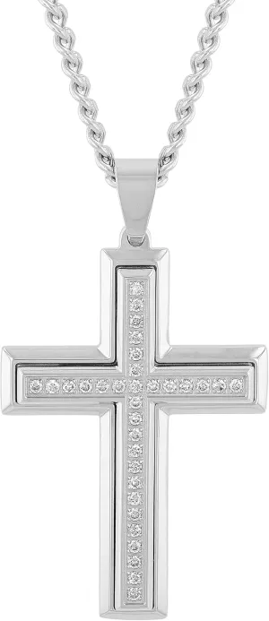 Stainless Steel Cross Pendant on 24" Twisted Curb Chain Necklace - Silver Tone