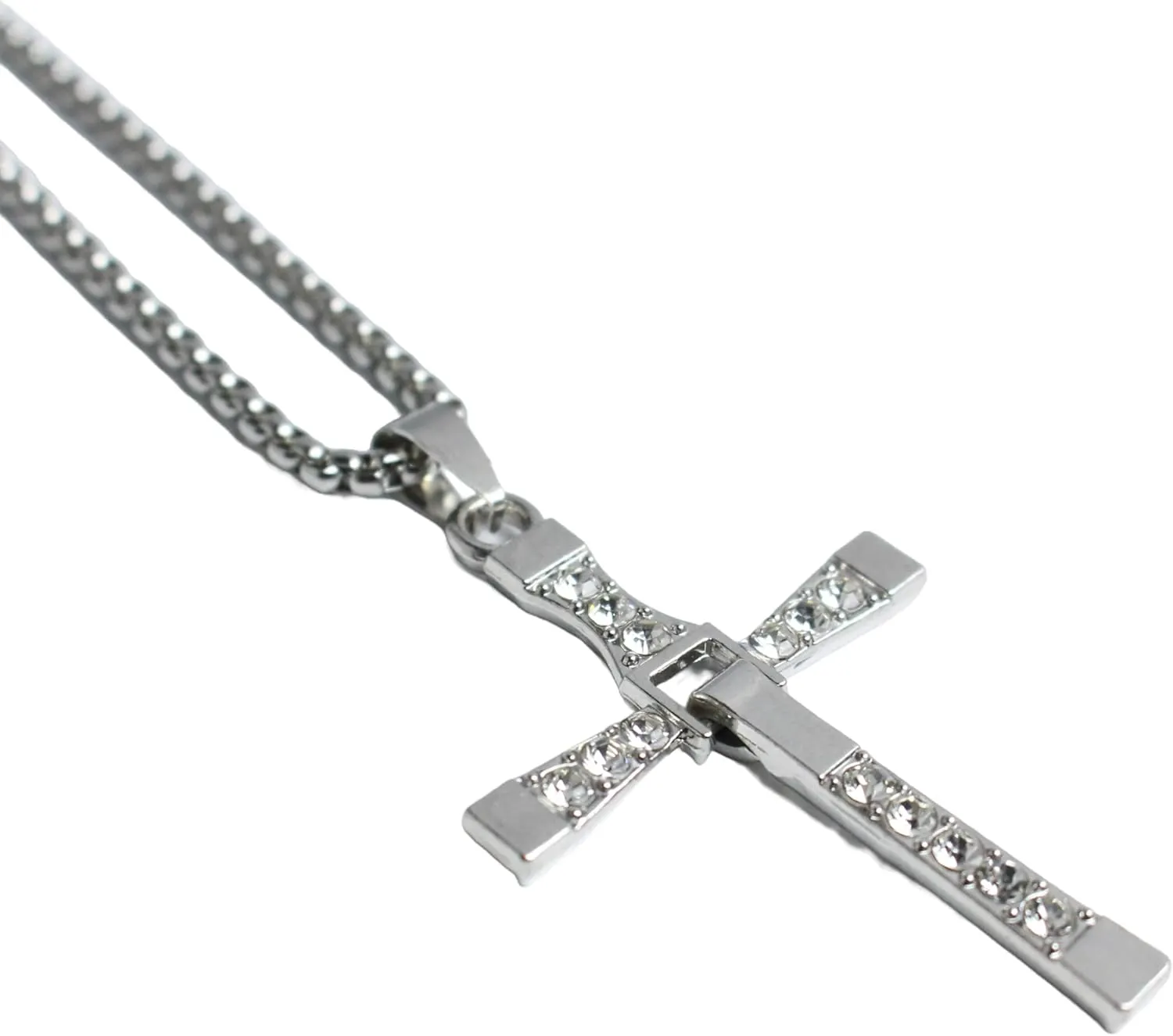 Stainless Steel Rhinestone Cross Pendant Necklace, Foldable Design, Unisex