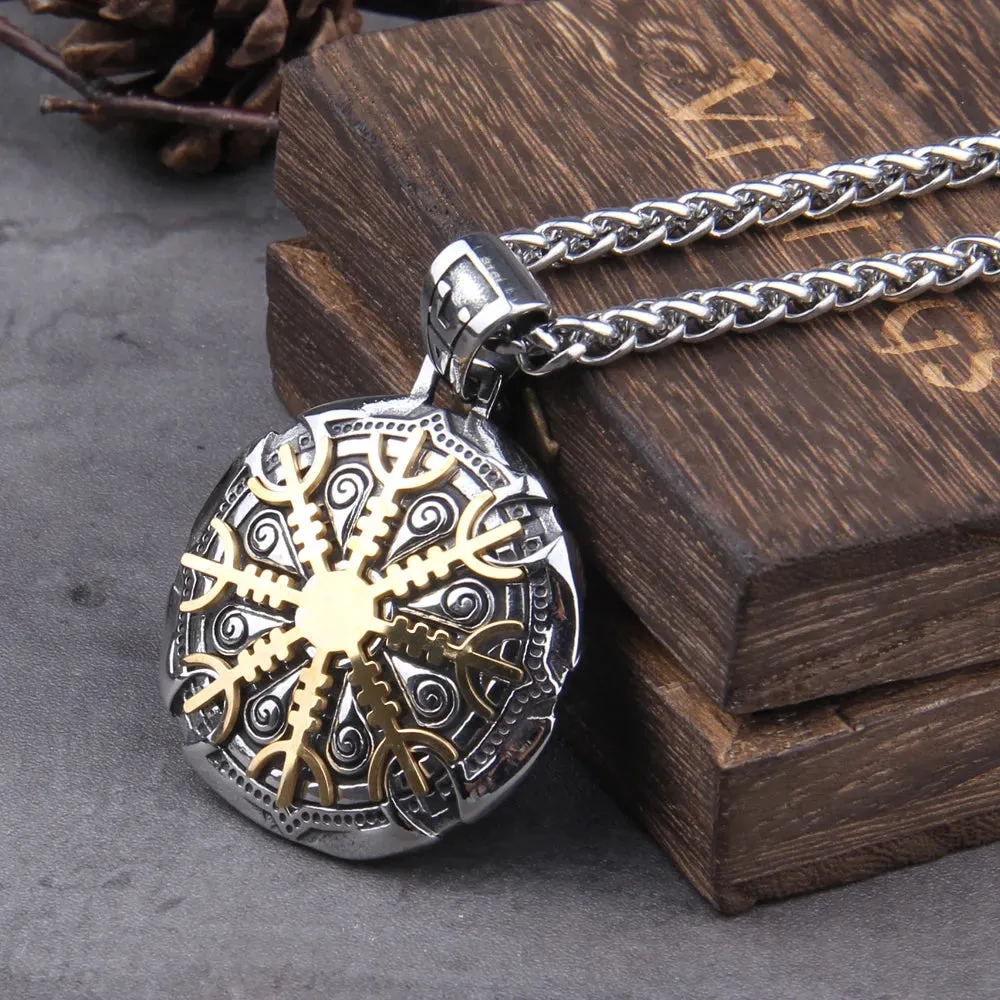 Stainless Steel Vegvisir Norse Mix Gold Color Rune Viking Necklace