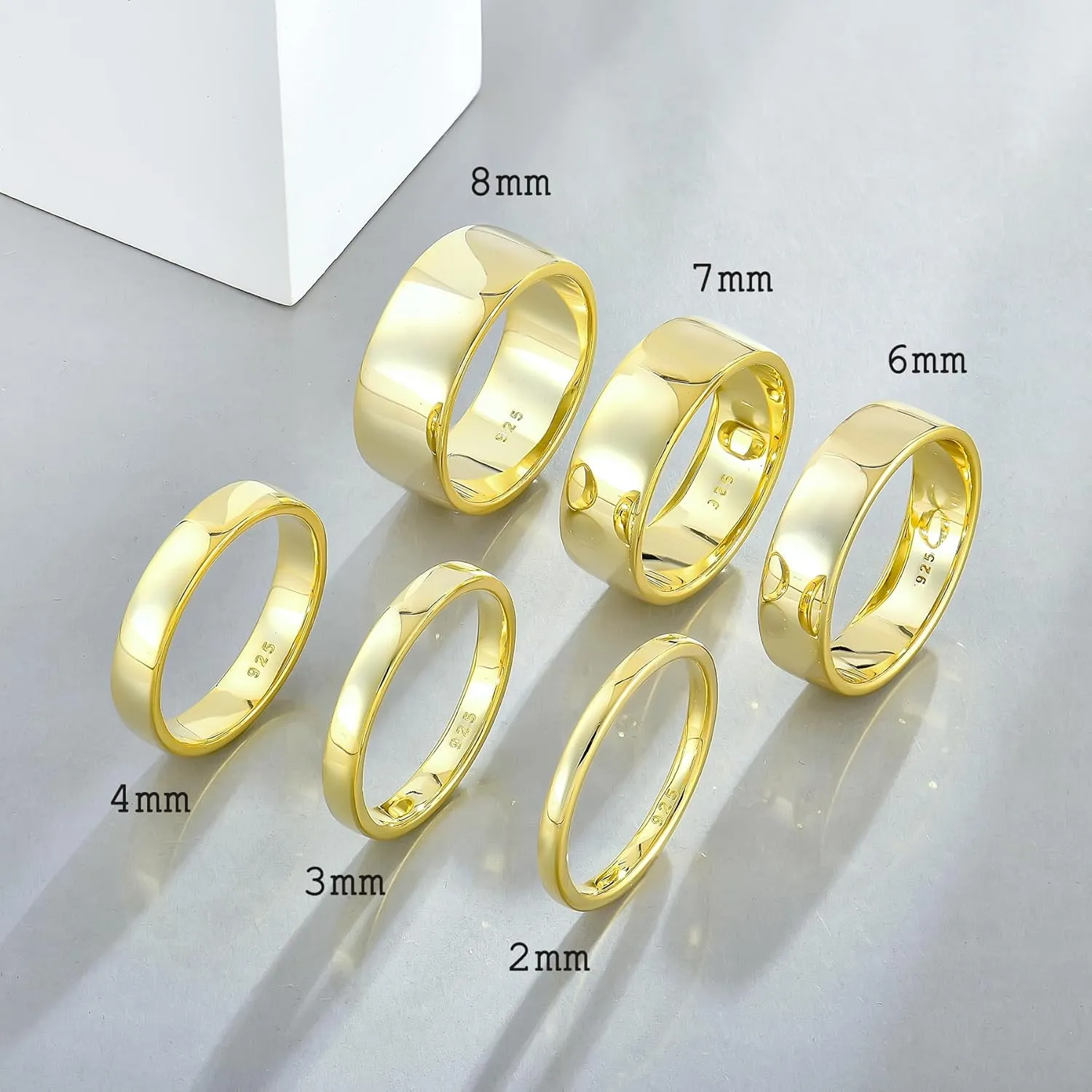 STARCHENIE 18K Gold Plated Ring for Men Women Solid 925 Sterling Silver 2MM 3MM 4MM 5MM 7MM 8MM Wedding Band Comfort Fit High Polish