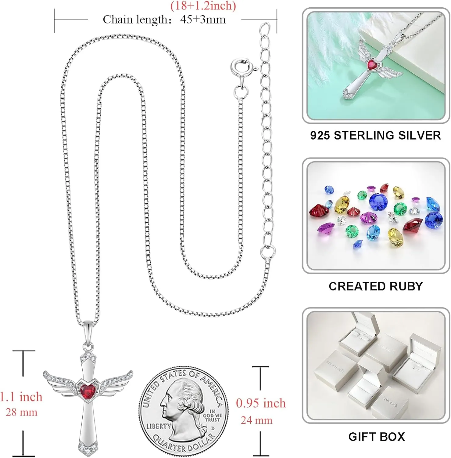 STARCHENIE Cross Necklace 925 Sterling Silver Angel Wings Pendant for Women Crucifix Jewelry
