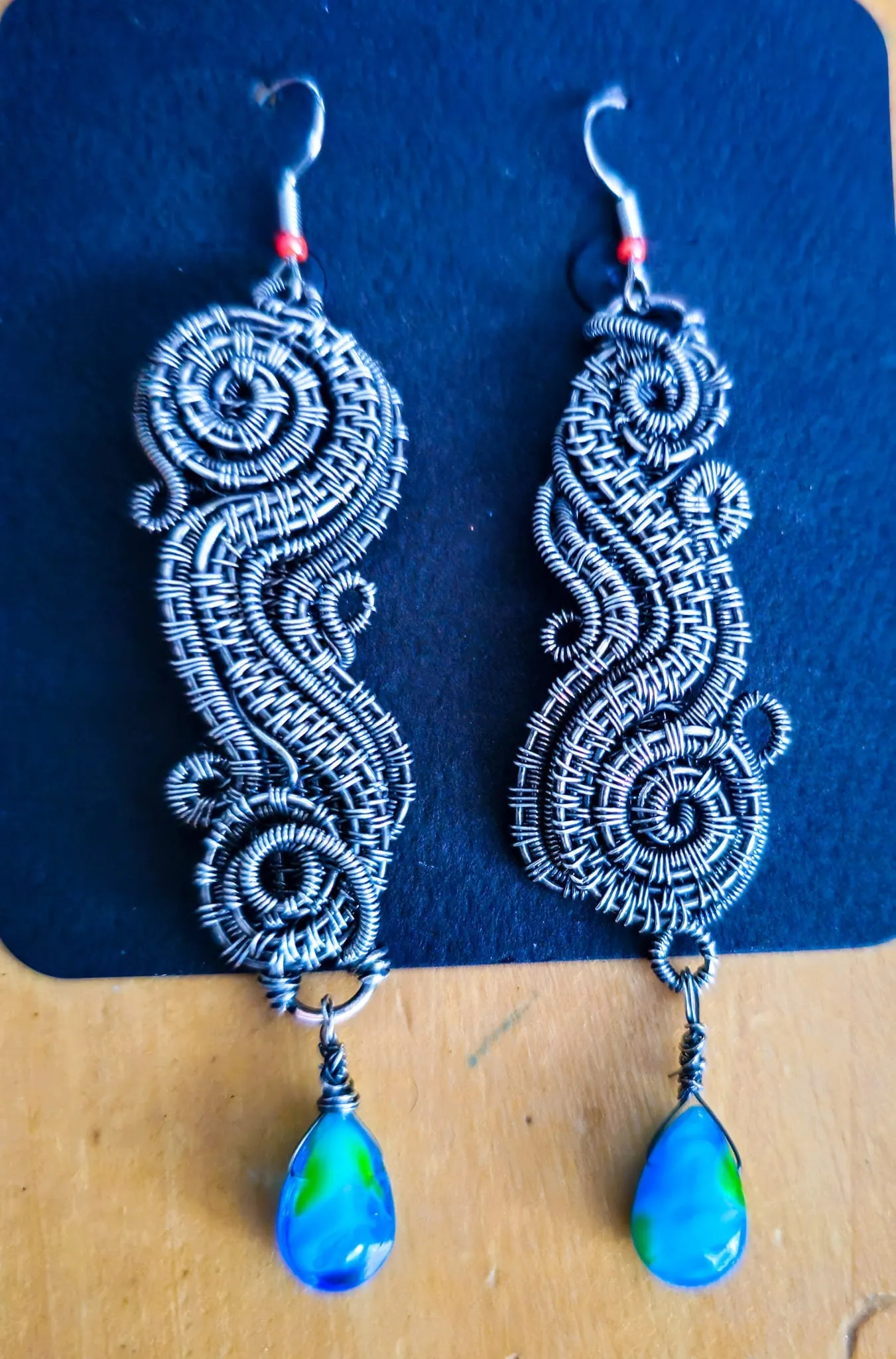 Statement Wire-Wrapped Earrings – Sterling Silver with Blue Glass Beads
