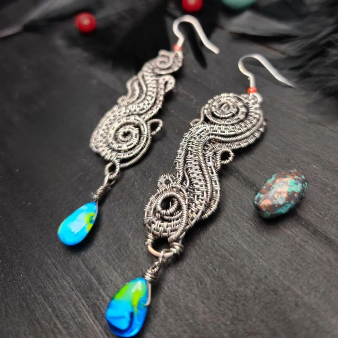 Statement Wire-Wrapped Earrings – Sterling Silver with Blue Glass Beads