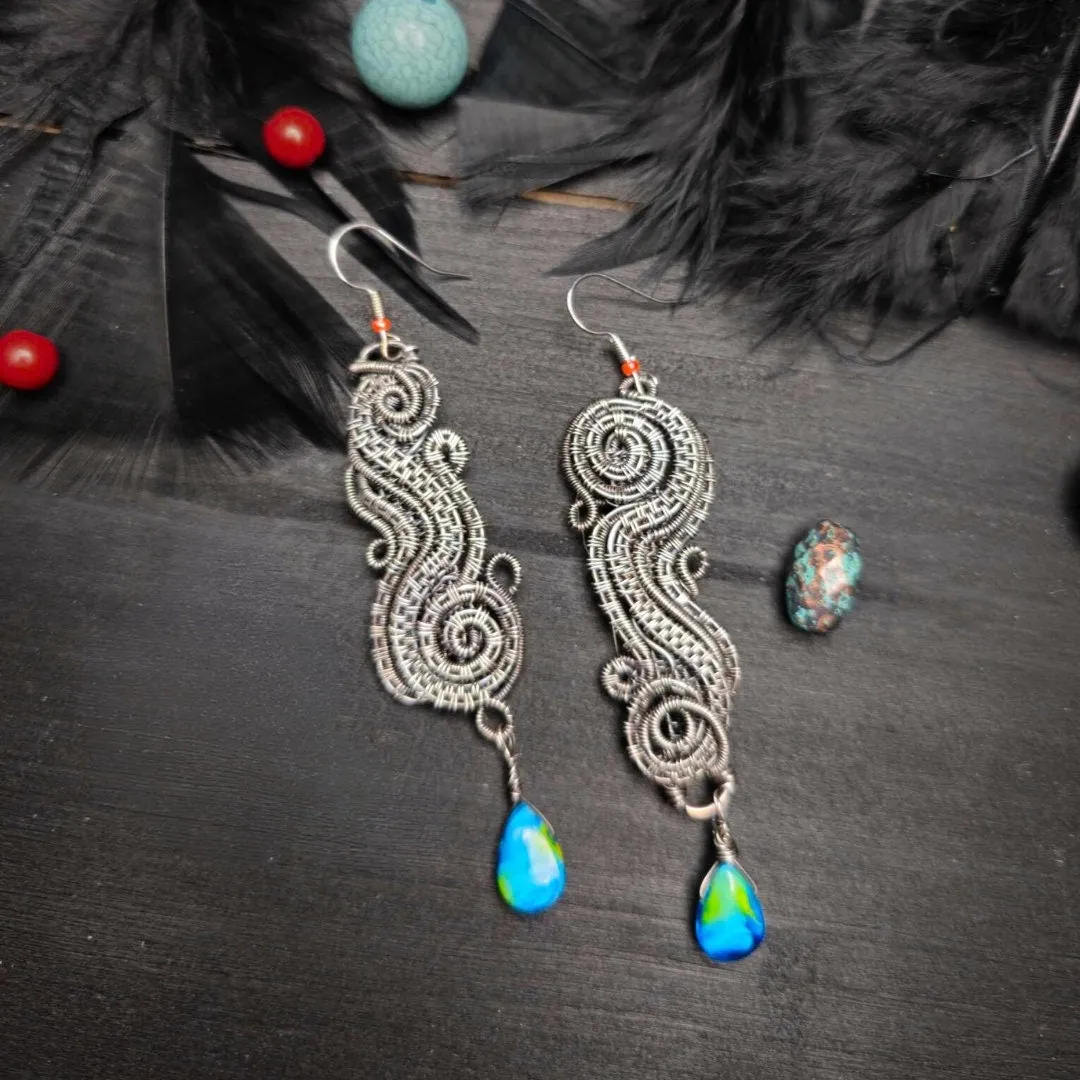 Statement Wire-Wrapped Earrings – Sterling Silver with Blue Glass Beads