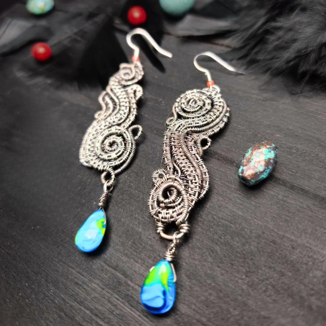 Statement Wire-Wrapped Earrings – Sterling Silver with Blue Glass Beads