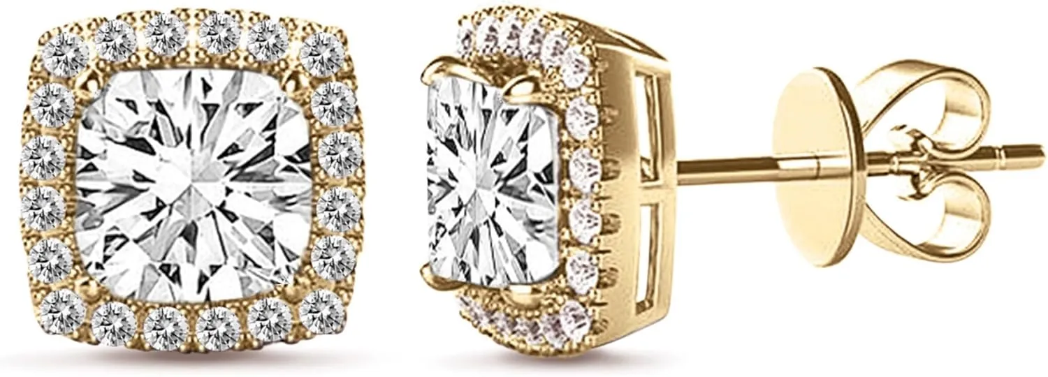 Sterling Silver Halo Square Cubic Zirconia Stud Earrings for Women