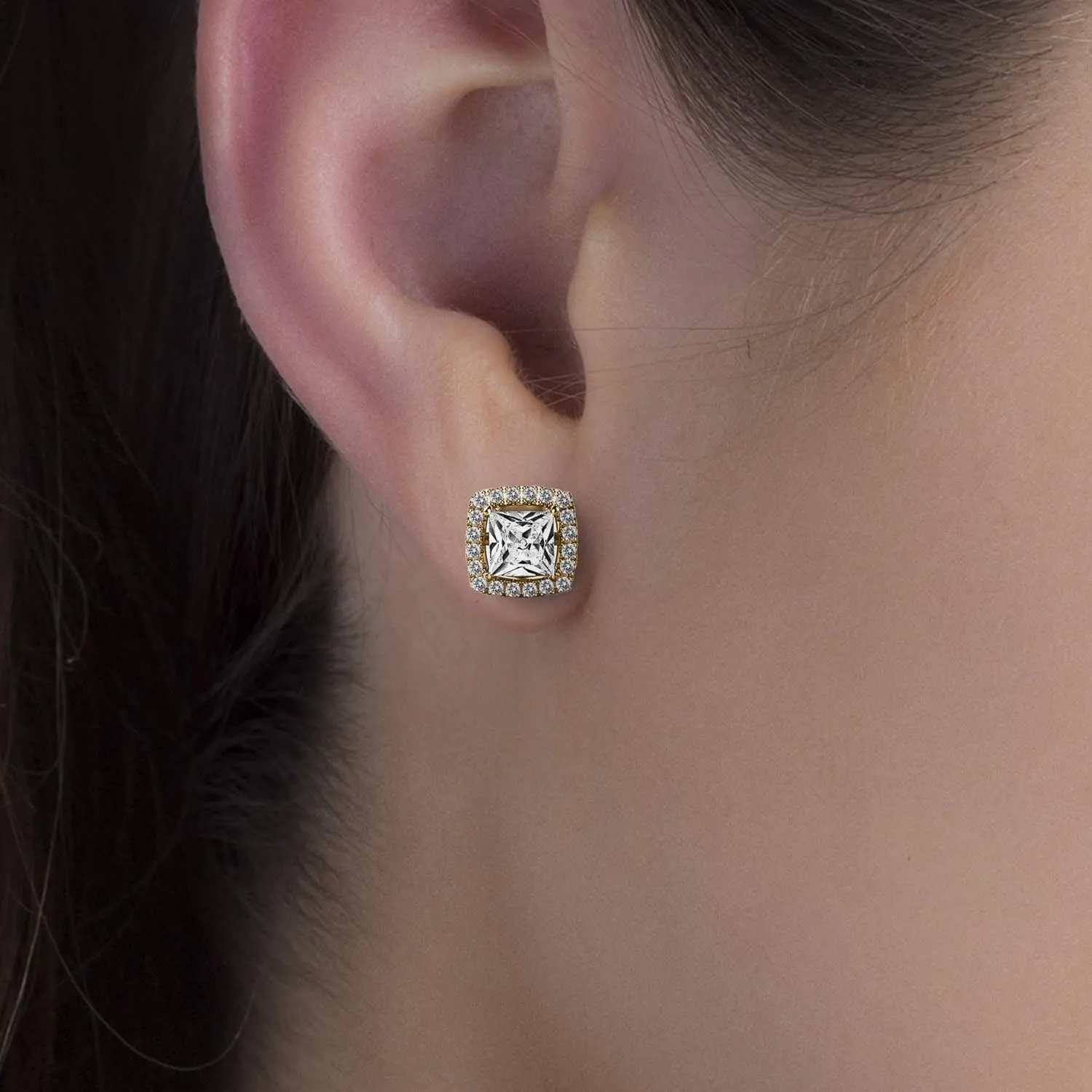 Sterling Silver Halo Square Cubic Zirconia Stud Earrings for Women