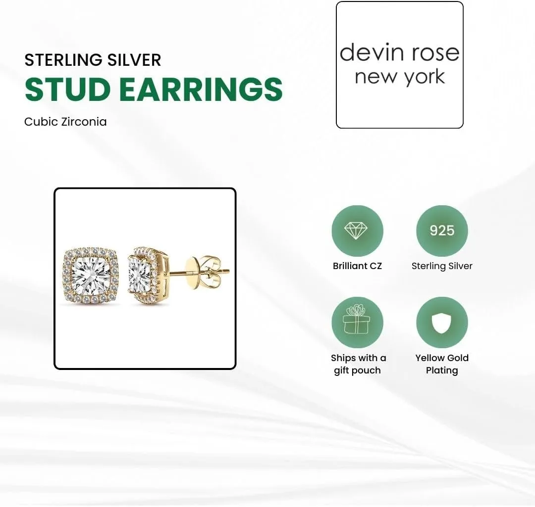 Sterling Silver Halo Square Cubic Zirconia Stud Earrings for Women