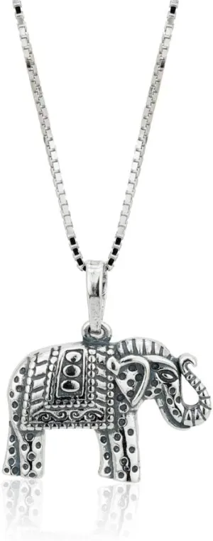 Sterling Silver Jewelry - Rhodium Plated with 925 Stamp - Elephant Charm Pendant Necklace - Elegant Handcrafted Necklace for Women - Chain 18" Long   2" Extender