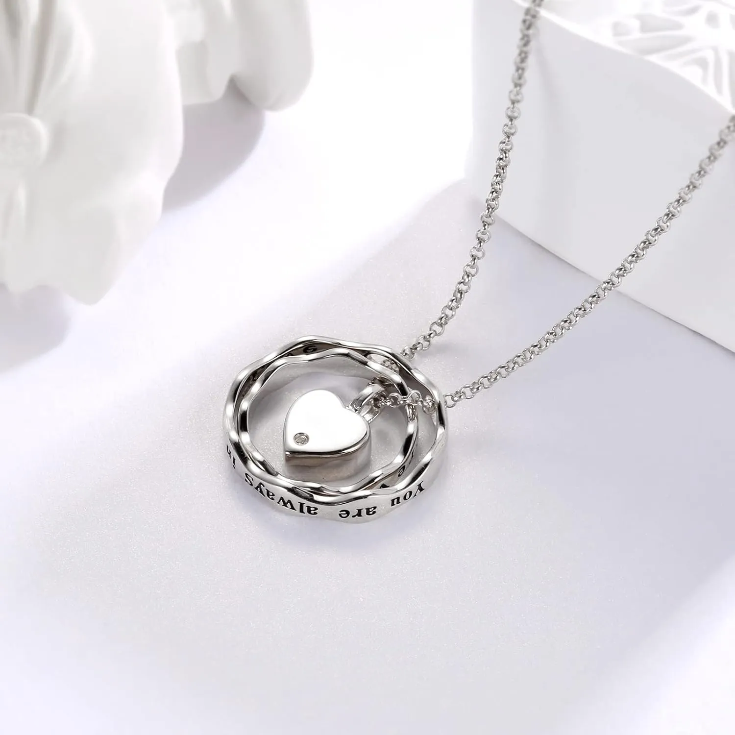 Sterling Silver Keepsake Cremation Jewelry Pendant Eternity Urn Necklace for Ashes - Double Rings Urns Necklaces You Are Always In My Heart I Love You Forever