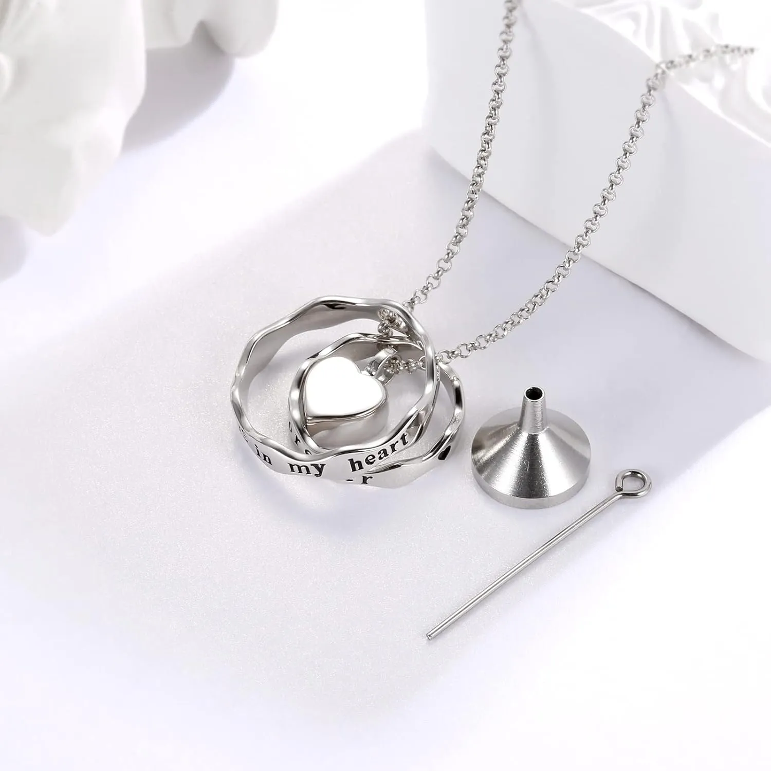 Sterling Silver Keepsake Cremation Jewelry Pendant Eternity Urn Necklace for Ashes - Double Rings Urns Necklaces You Are Always In My Heart I Love You Forever