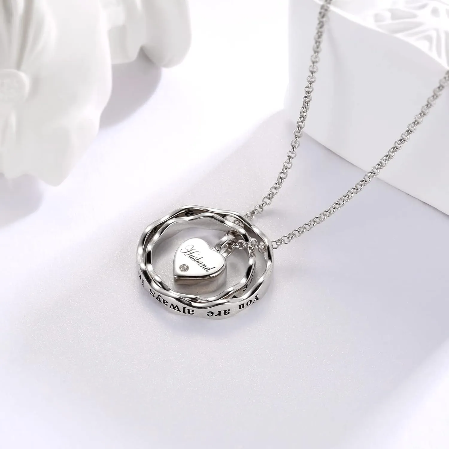 Sterling Silver Keepsake Cremation Jewelry Pendant Eternity Urn Necklace for Ashes - Double Rings Urns Necklaces You Are Always In My Heart I Love You Forever