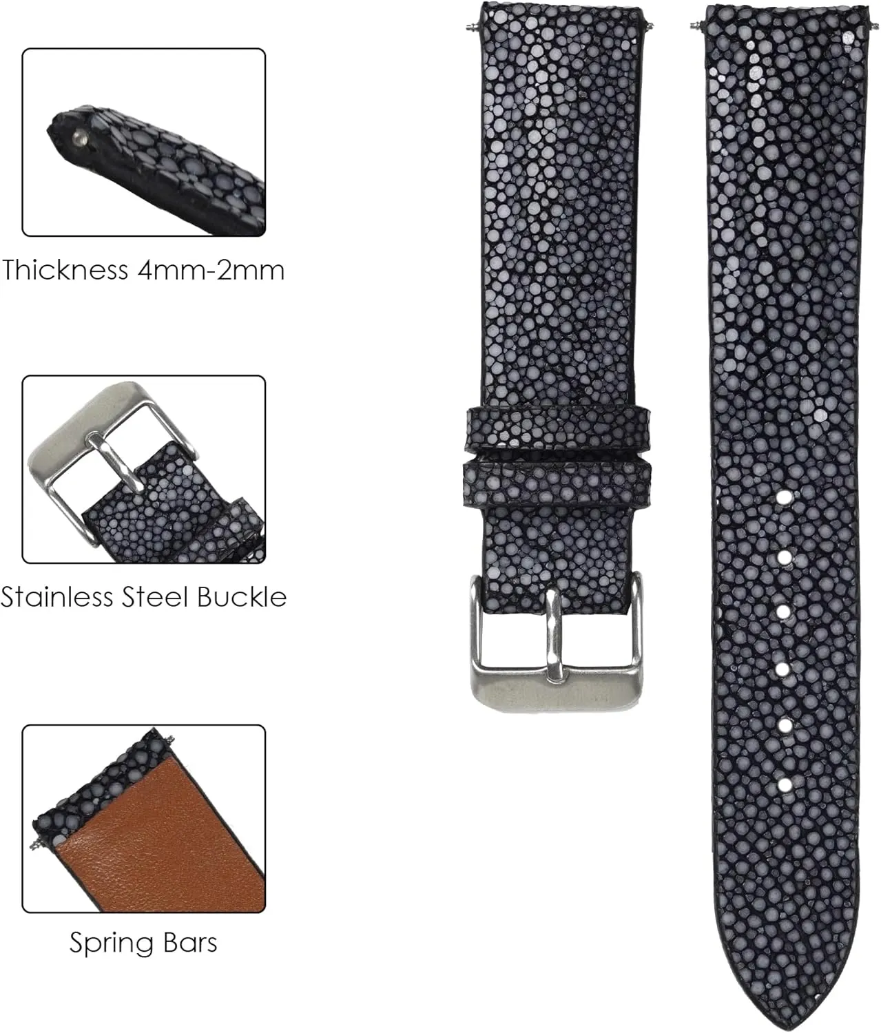 Stingray Leather Watch Bands Men Handmade Replacement Wrist Watch Straps Vintage Extra Soft Exotic Leather Strap Gift for Him 18mm 19mm 20mm 21mm 22mm