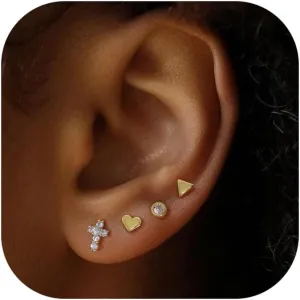 Stud Earrings for Women, Dainty Earring Stacks 14K Gold Plated Cute Gold Studs Earrings for Women Trendy Hypoallergenic Small Cross Pearl Cartilage Earrings Set Fashion Gold Jewelry
