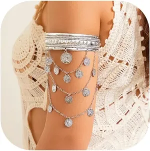 Summer Round Plate Tassel Chain Upper Arm Bracelet Simple Coin Armlet Summer Beach Adjustable Open Arm Cuff Bangle Bracelets Summer Body Jewelry for Women