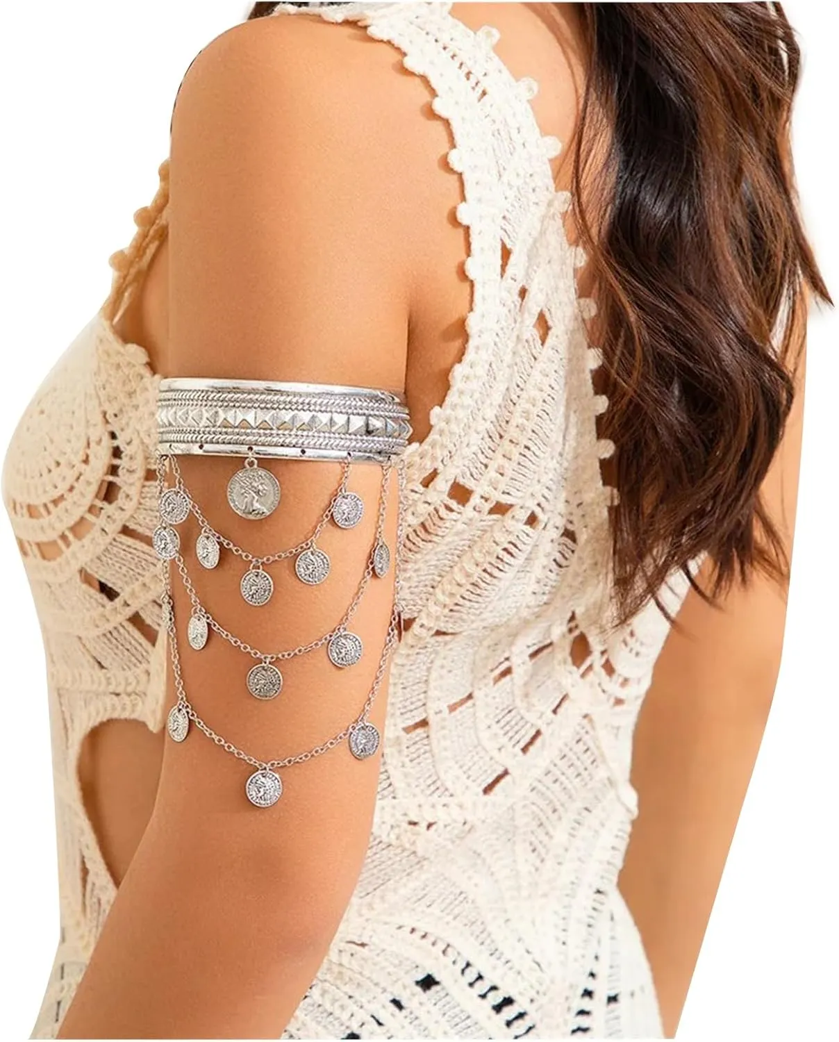 Summer Round Plate Tassel Chain Upper Arm Bracelet Simple Coin Armlet Summer Beach Adjustable Open Arm Cuff Bangle Bracelets Summer Body Jewelry for Women