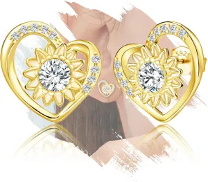 Sunflower Trendy Stud Earring Sterling Silver Dainty Heart Earrings with CZ Charms Yellow Gold Plated Hypoallergenic Jewelry for Sensitive Ears Daisy Blessing Birthday Gift for Women