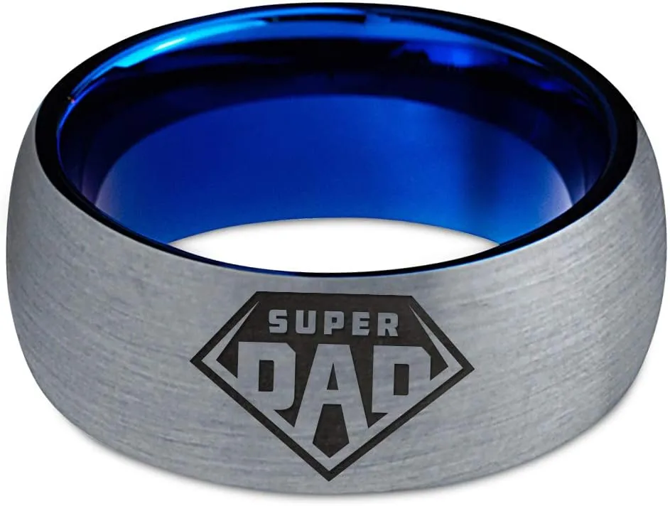 Superhero Super Dad Emblem Symbol Ring - Tungsten Band 8mm - Men - Women - 18k Rose Gold Step Bevel Edge - Yellow - Grey - Blue - Black - Brushed - Polished - Wedding - Gift Dome Flat