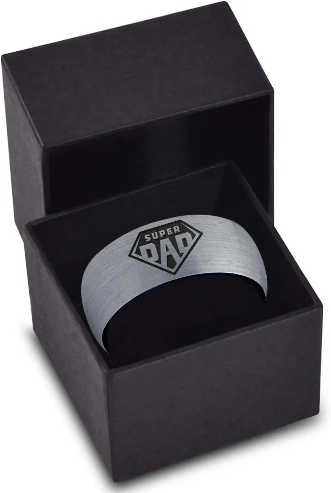 Superhero Super Dad Emblem Symbol Ring - Tungsten Band 8mm - Men - Women - 18k Rose Gold Step Bevel Edge - Yellow - Grey - Blue - Black - Brushed - Polished - Wedding - Gift Dome Flat