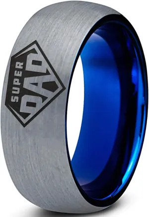 Superhero Super Dad Emblem Symbol Ring - Tungsten Band 8mm - Men - Women - 18k Rose Gold Step Bevel Edge - Yellow - Grey - Blue - Black - Brushed - Polished - Wedding - Gift Dome Flat