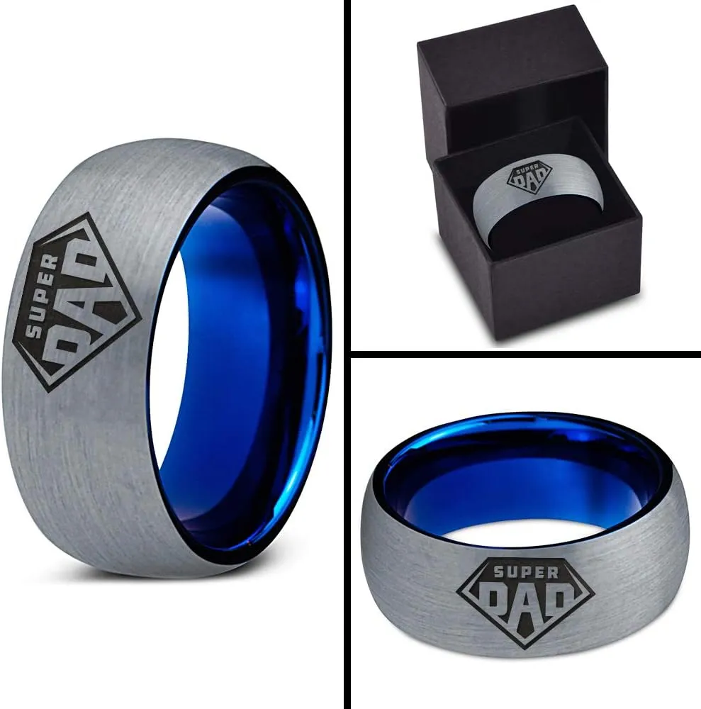 Superhero Super Dad Emblem Symbol Ring - Tungsten Band 8mm - Men - Women - 18k Rose Gold Step Bevel Edge - Yellow - Grey - Blue - Black - Brushed - Polished - Wedding - Gift Dome Flat