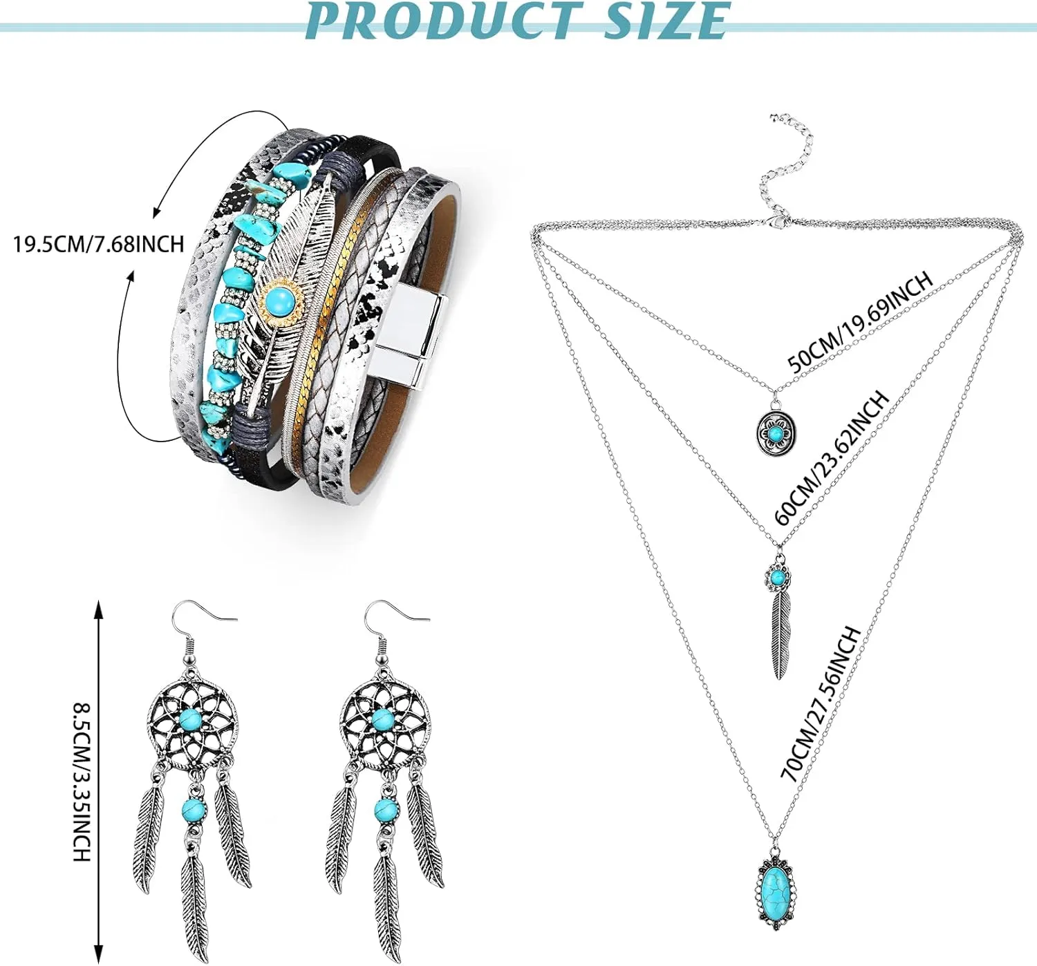 Sureio 3 Pcs Bohemian Western Turquoise Jewelry for Women Turquoise Set Pendant Necklace Western Dangle Earrings Bracelet