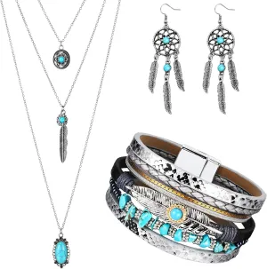 Sureio 3 Pcs Bohemian Western Turquoise Jewelry for Women Turquoise Set Pendant Necklace Western Dangle Earrings Bracelet