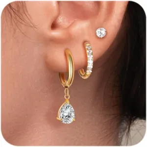 Surgical Steel Small Huggie Hoop Earrings Set 14K Gold Plated Hypoallergenic CZ Stud Earrings for Women Waterproof and Non Tarnish