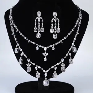 Swarovski Crystal Graceful Twin Strand Queen Diamond/Crystal Necklace Set, Bridal Necklace Set, Bridal Jewelry, Statement Necklace