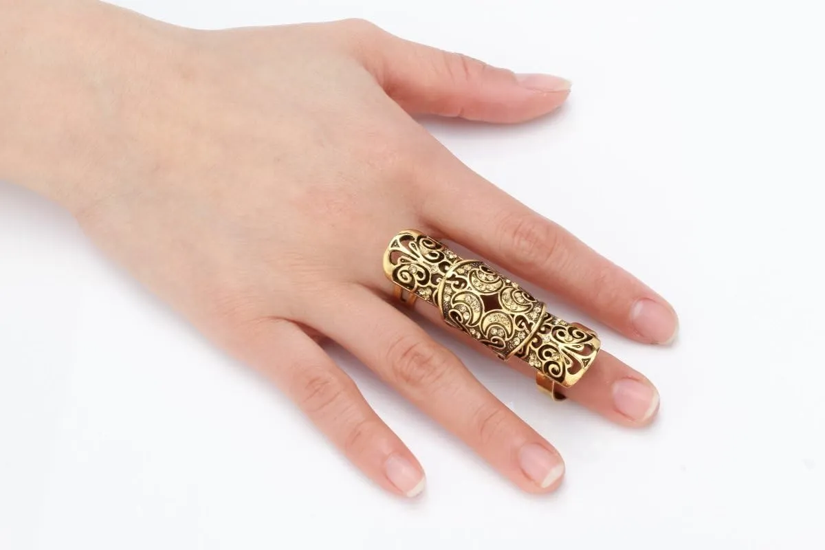 Szxc Jewelry Women's Crystal Double Full Finger Armor Knuckle Ring Adjustable