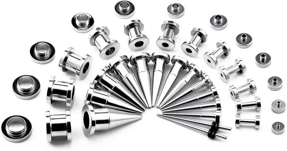 TBOSEN 36PCS Ear Gauge Stretching Kit Stainless Steel Double Flare Alloy Tapers 3 In 1 Plugs Set Eyelet 14G-00G