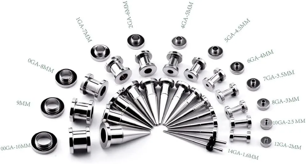 TBOSEN 36PCS Ear Gauge Stretching Kit Stainless Steel Double Flare Alloy Tapers 3 In 1 Plugs Set Eyelet 14G-00G