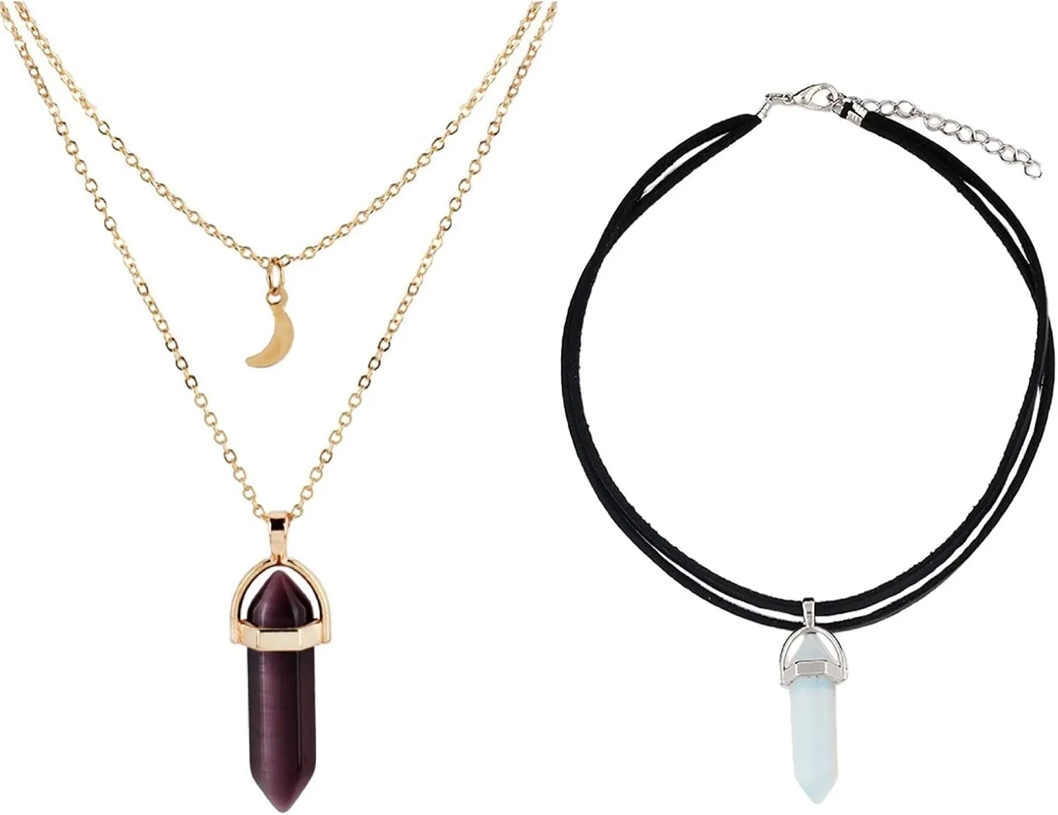 tenghong2021 2 Pcs Layered Choker Hexagonal Gemstone Pendant Necklaces Set Boho Multi-Layer Moon Pendant Necklace Natural Stone Chakra Suede Choker Necklace Gothic Retro Moon Multilayer Chain